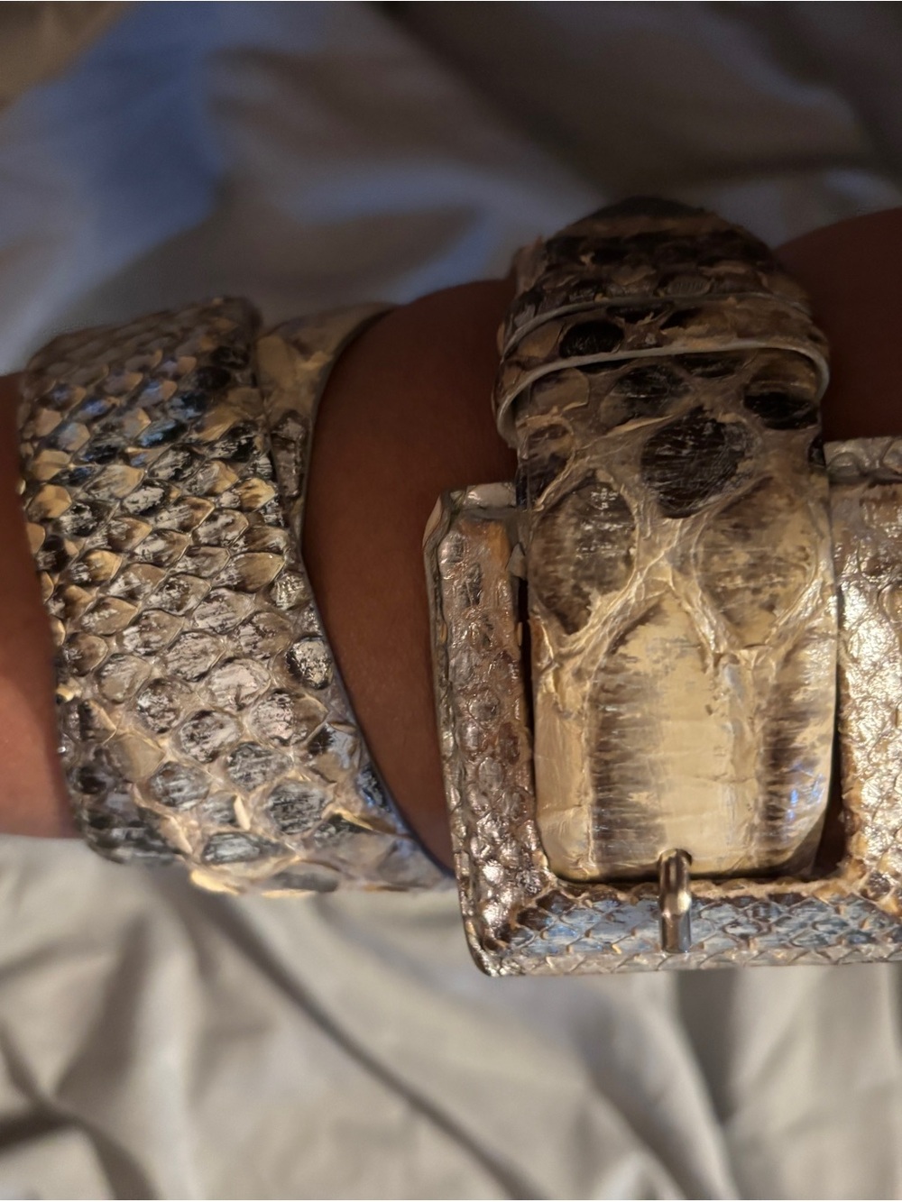 Orciani Silver Snakeskin-Texture Belt with Statement Buckle